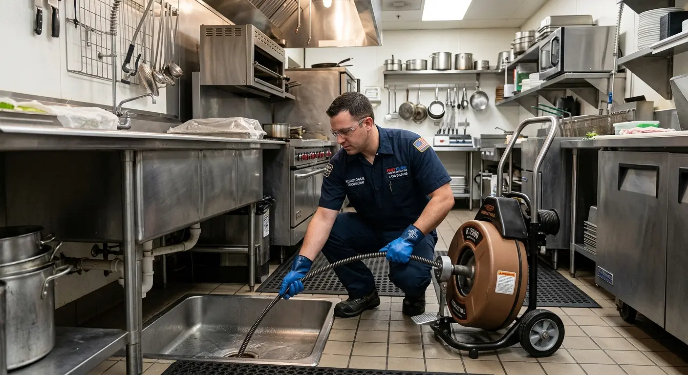 Commercial drain cleaning service in a restaurant kitchen in Brentwood