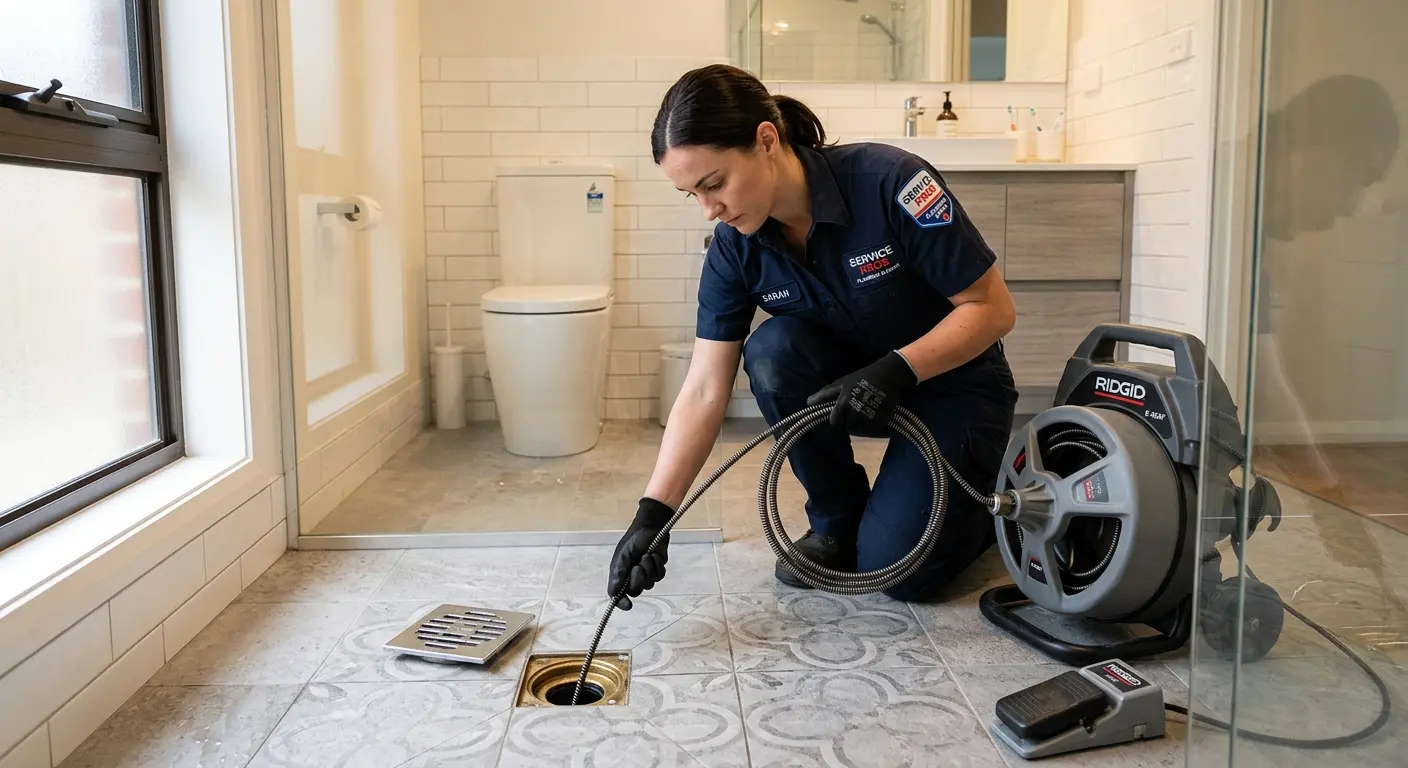 Technician clearing a bathroom floor drain for Sewer Line Installation in Brentwood